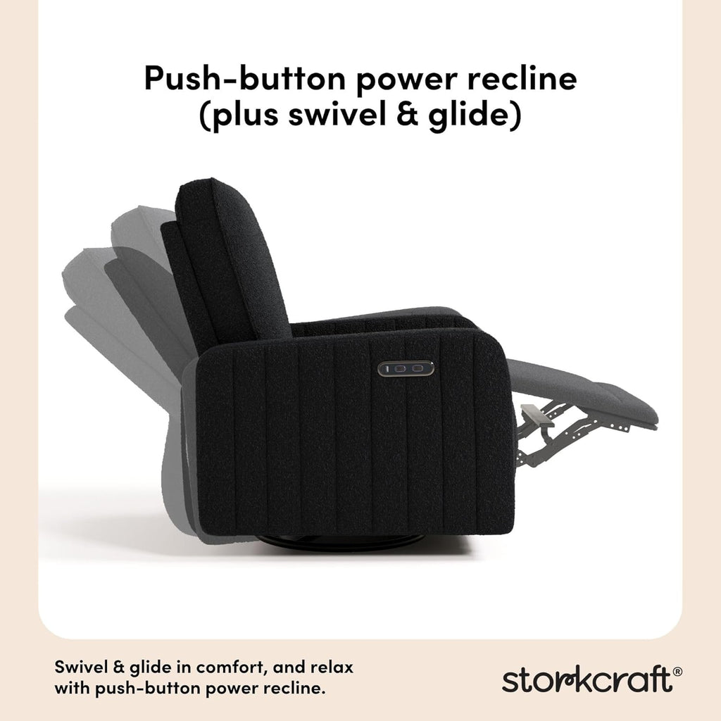 Storkcraft Kyoto Deluxe Power Recliner Swivel Glider (Black Boucle) – Premium Electronic Power Recliner for Nursery, Includes Dual-USB Charging Port with USB-A & USB-C, Glider Rocking Chair