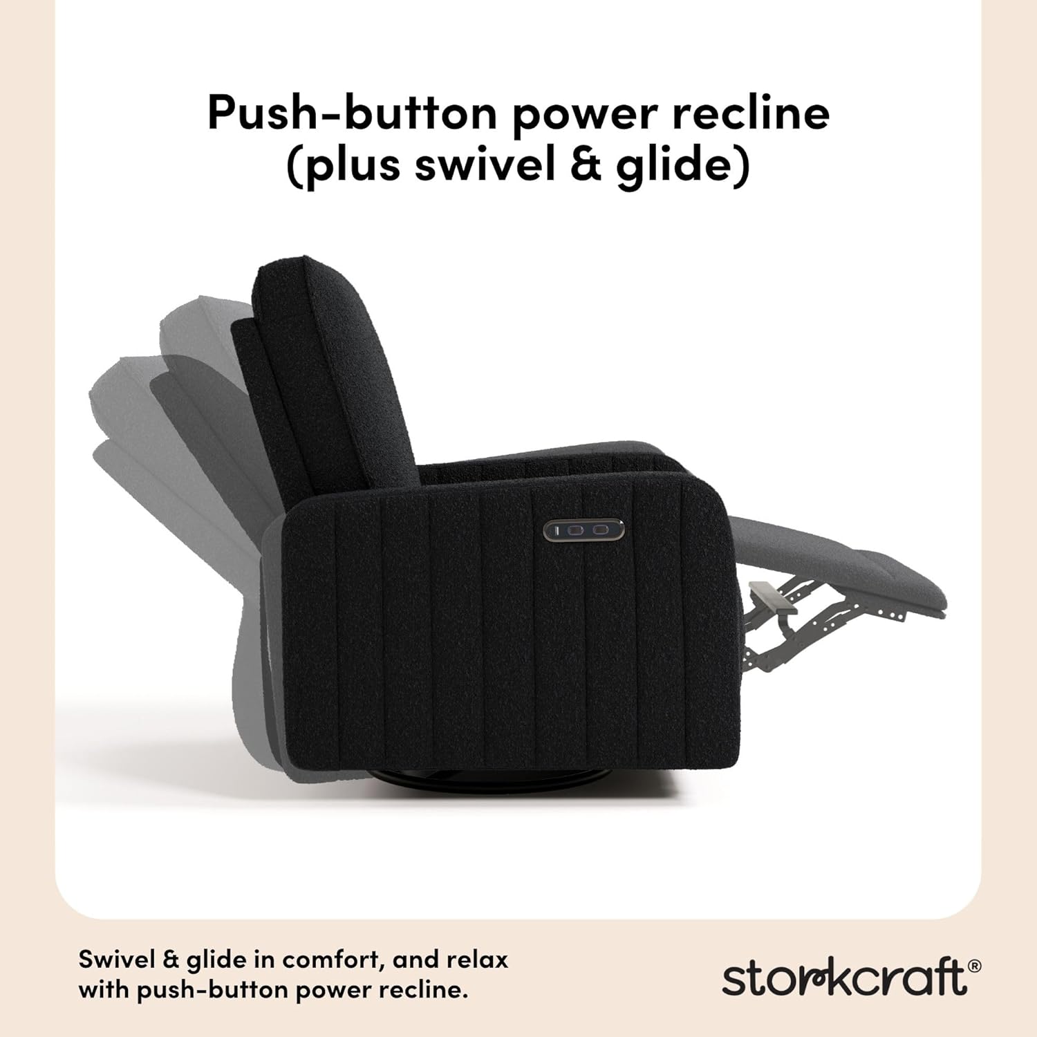 Storkcraft Kyoto Deluxe Power Recliner Swivel Glider (Black Boucle) – Premium Electronic Power Recliner for Nursery, Includes Dual-USB Charging Port with USB-A & USB-C, Glider Rocking Chair