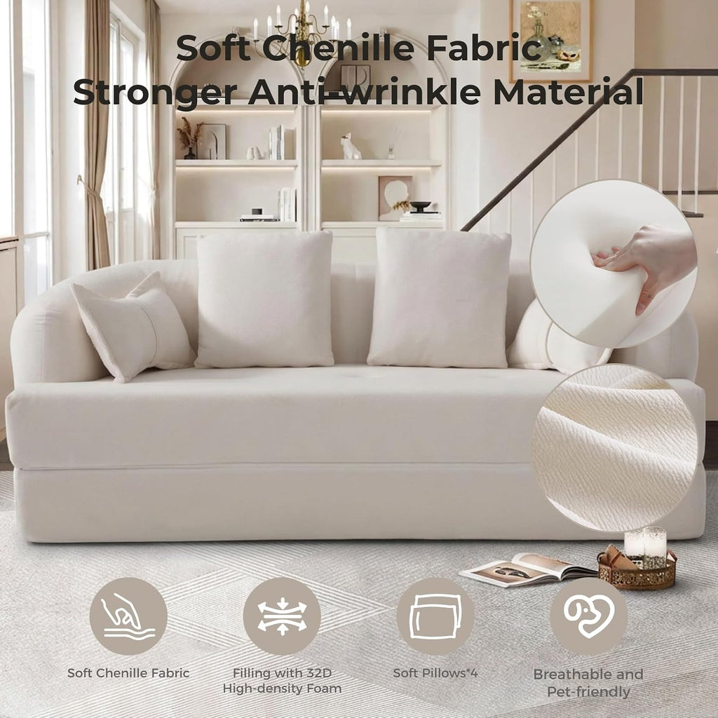 70" Convertible Sofa Bed, 2-in-1 Boneless Sleeper Sofa, Soft Chenille Folding Sofa Loveseat with 4 Pillows, Love Seat Small Couch for Small Spaces, Living Room, Bedroom, No Assembly