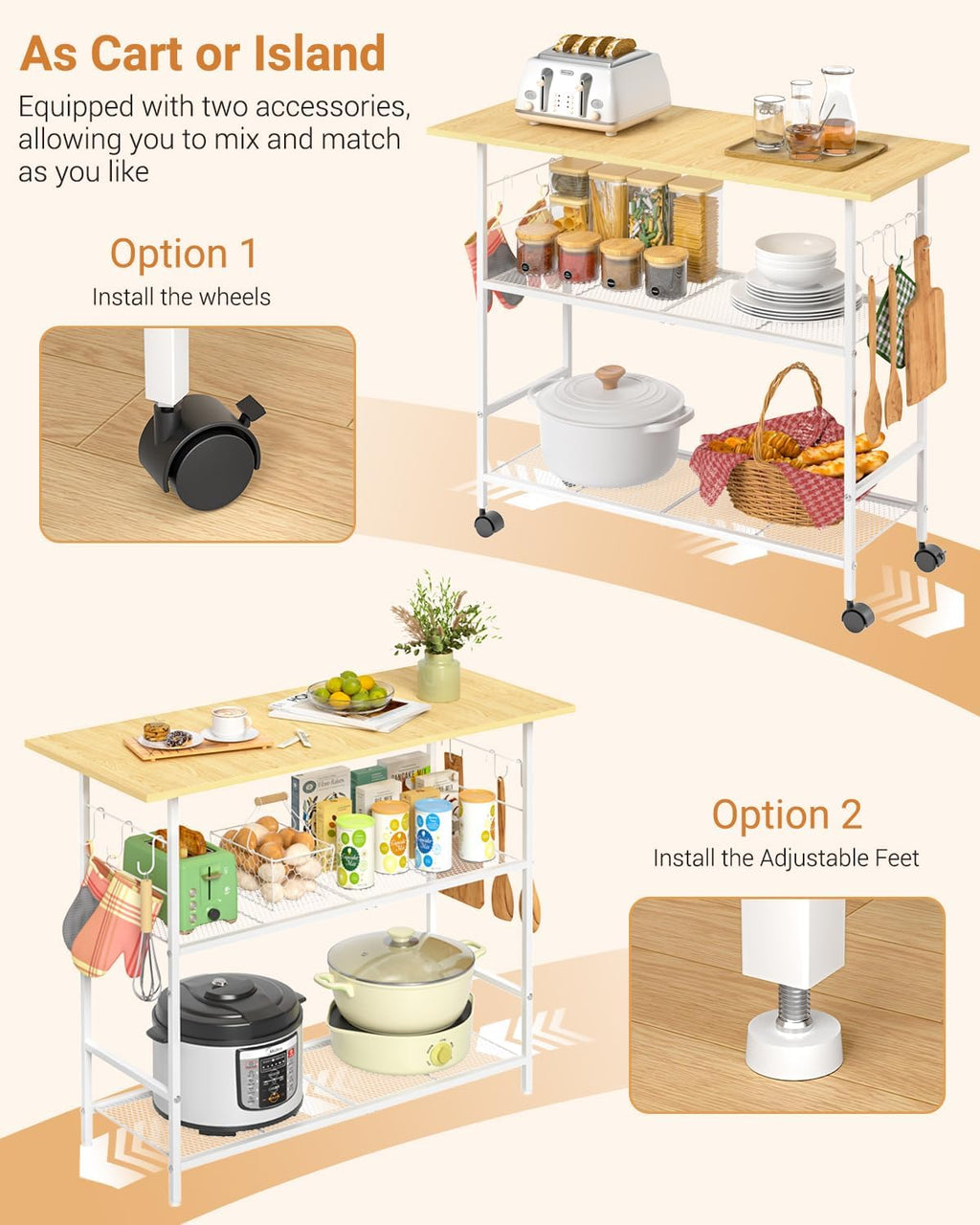 Kitchen Island with 3 Shelves, Rolling Kitchen Cart with 6 Hooks and Protective Shelf, Microwave Stand on Lockable Wheels, Bakers Rack Coffee Bar for Dining, Living Room, Outdoor, Metal Frame, White