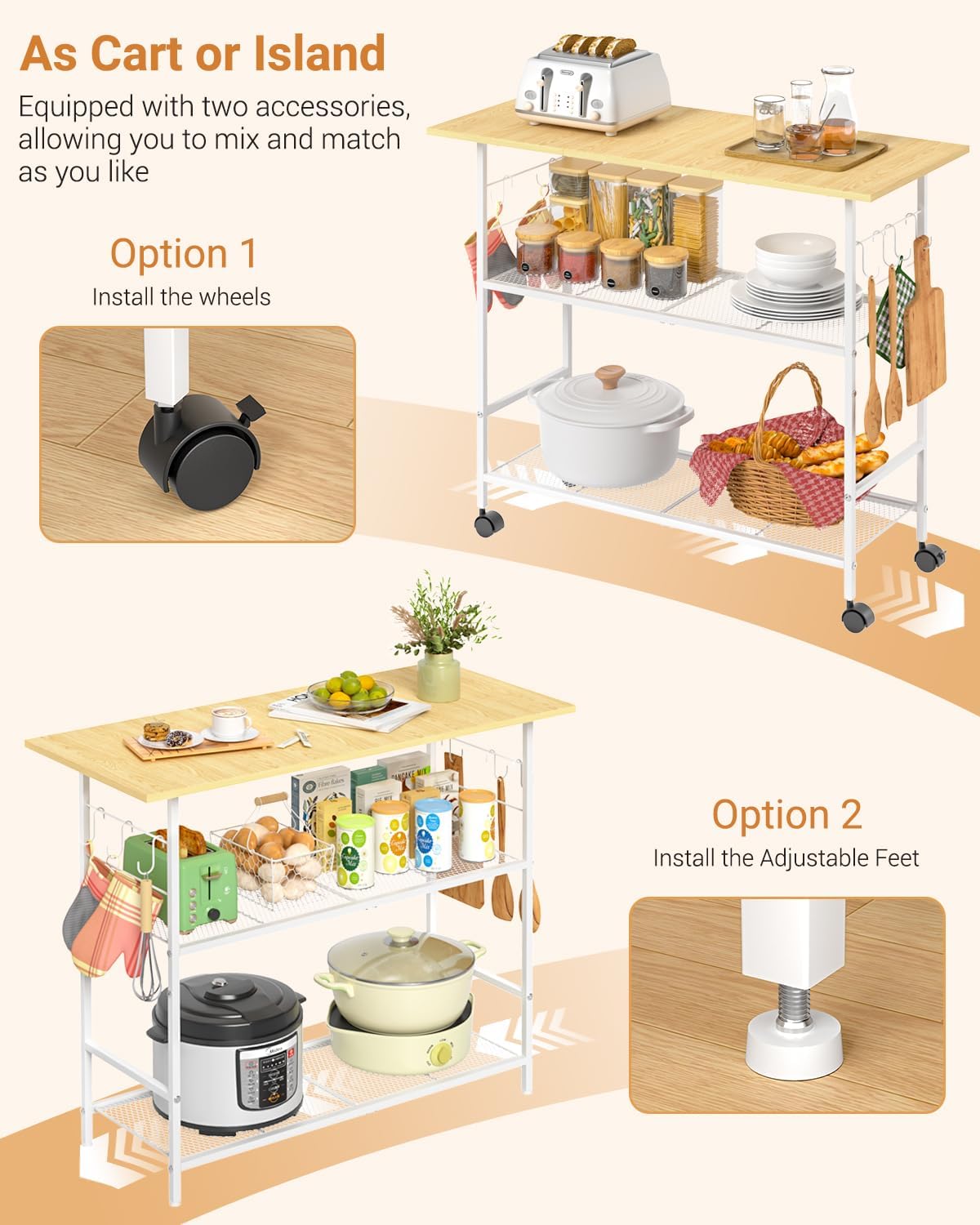 Kitchen Island with 3 Shelves, Rolling Kitchen Cart with 6 Hooks and Protective Shelf, Microwave Stand on Lockable Wheels, Bakers Rack Coffee Bar for Dining, Living Room, Outdoor, Metal Frame, White