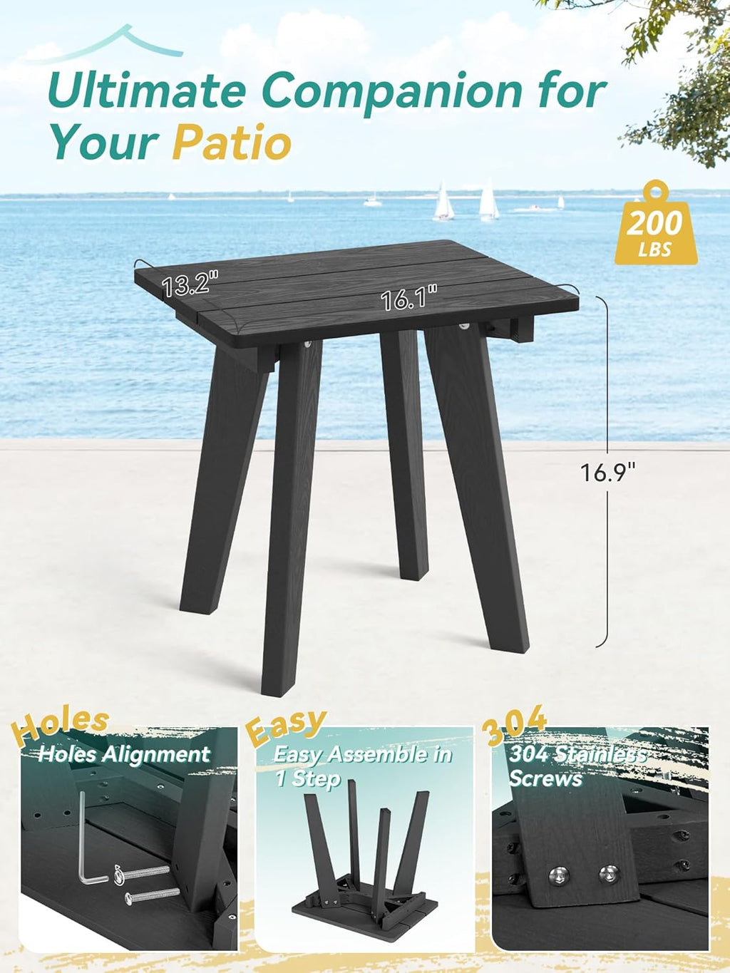 Outdoor Side Table, HDPE Weather Resistant Small Patio Table for Porch and Balcony, 200 LBS Capacity Heavy Duty Small Outdoor Table for Backyard and Pool, Easy Maintenance, Black