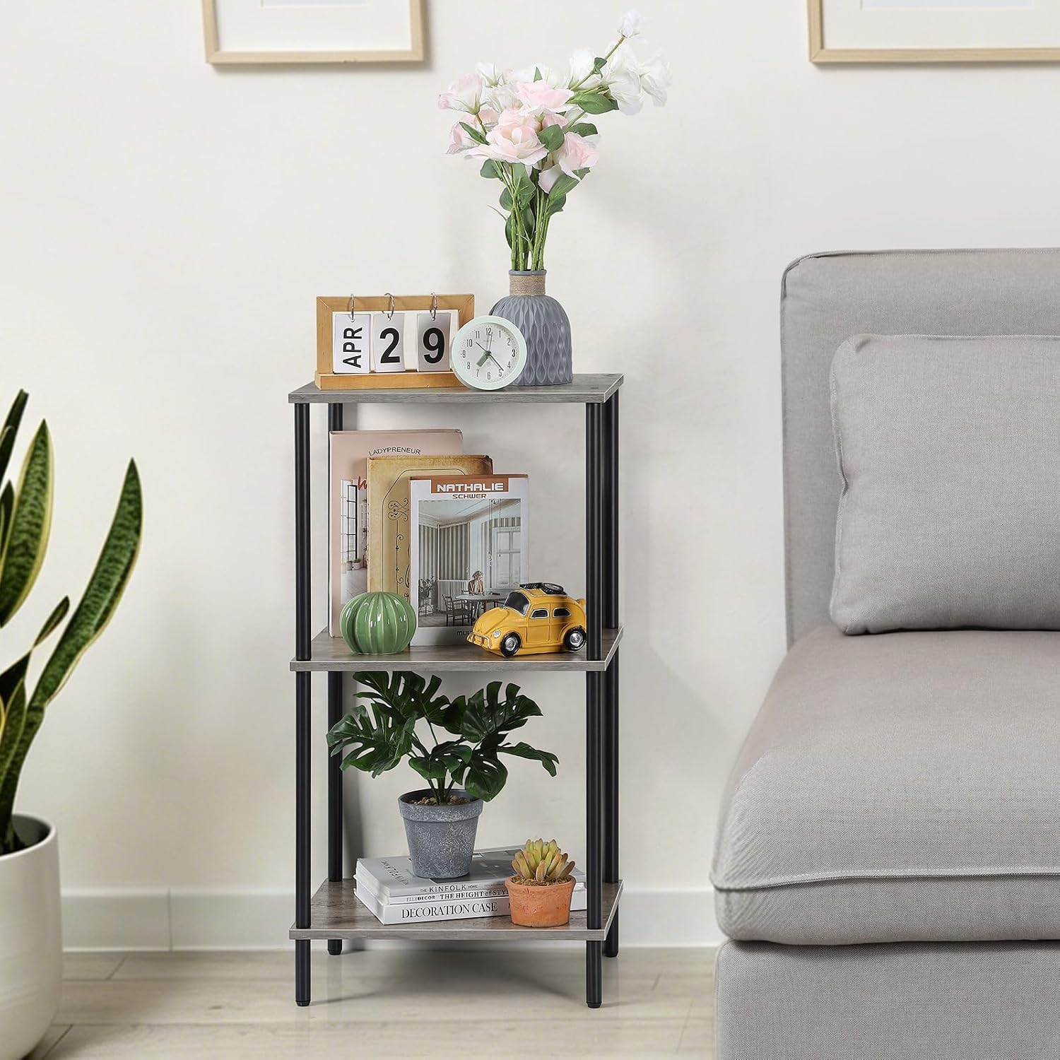 ETELI 3 Tier Tall Side Table Small Telephone Table Stand with Storage Shelves 31.6 Inch Tall End Table Night Stand for Small Space Living Room Bedroom Bathroom Kitchen, Gray