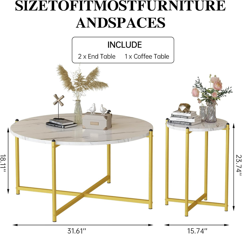 Lamerge Coffee Table Set of 3,Modern Faux Marble Top with Golden Frame,1 Coffee Table & 2 Accent Table, Living Room Table Set, for Apartment,Office and So on,White & Gold (LCTR-W)