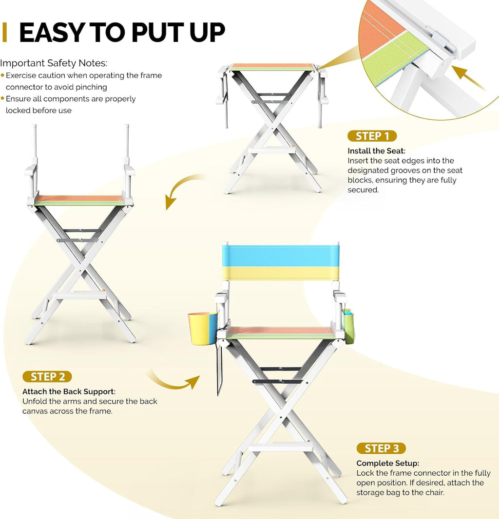OmySalon Director's Chair 31" Height Folding Portable w/Storage Pouch & Footrest, Makeup Artist Chair for Salon, Events, Mobile, 250lb Capacity, White Wood Frame & Colorful Canvas Seat