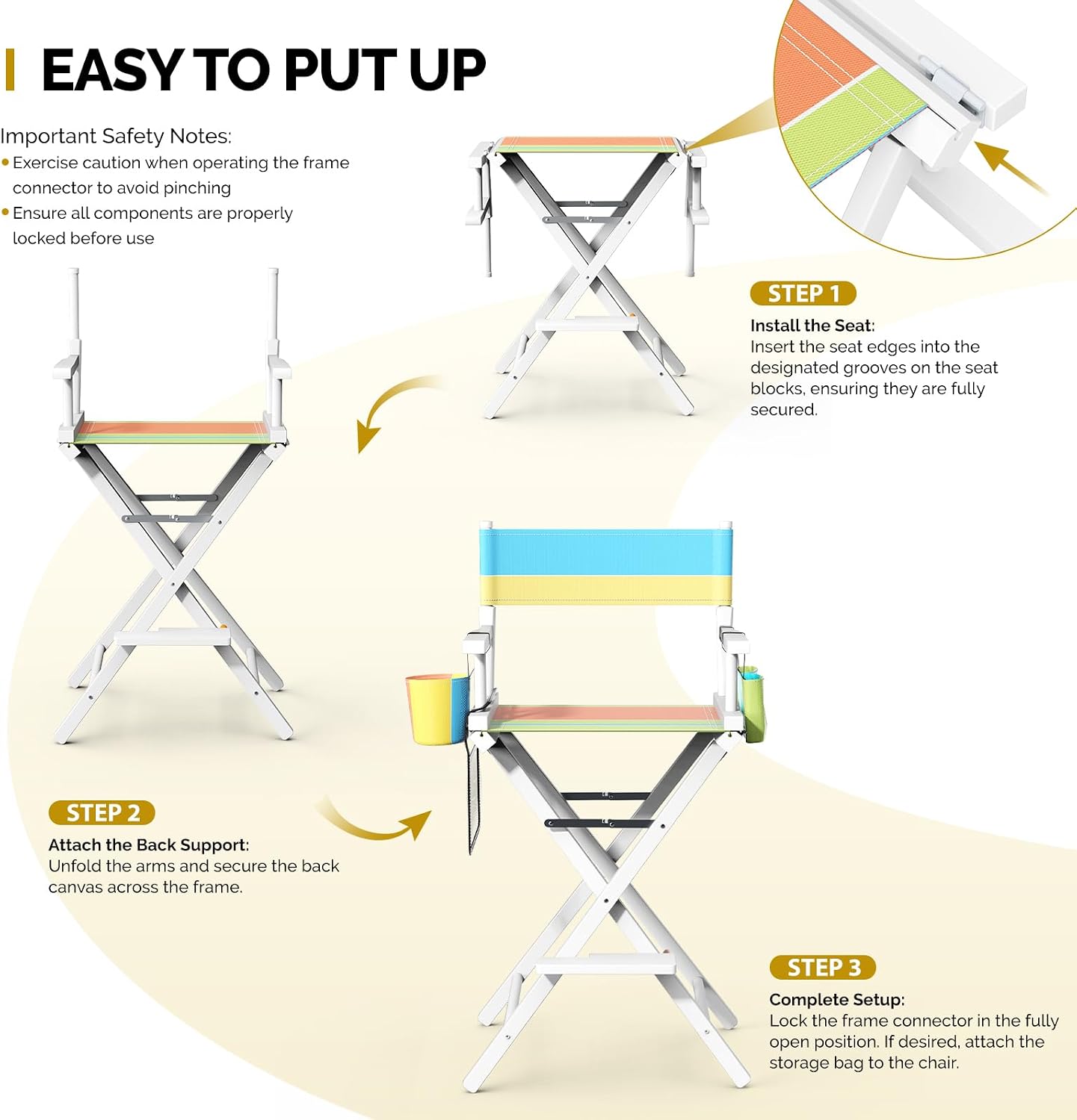 OmySalon Director's Chair 31" Height Folding Portable w/Storage Pouch & Footrest, Makeup Artist Chair for Salon, Events, Mobile, 250lb Capacity, White Wood Frame & Colorful Canvas Seat