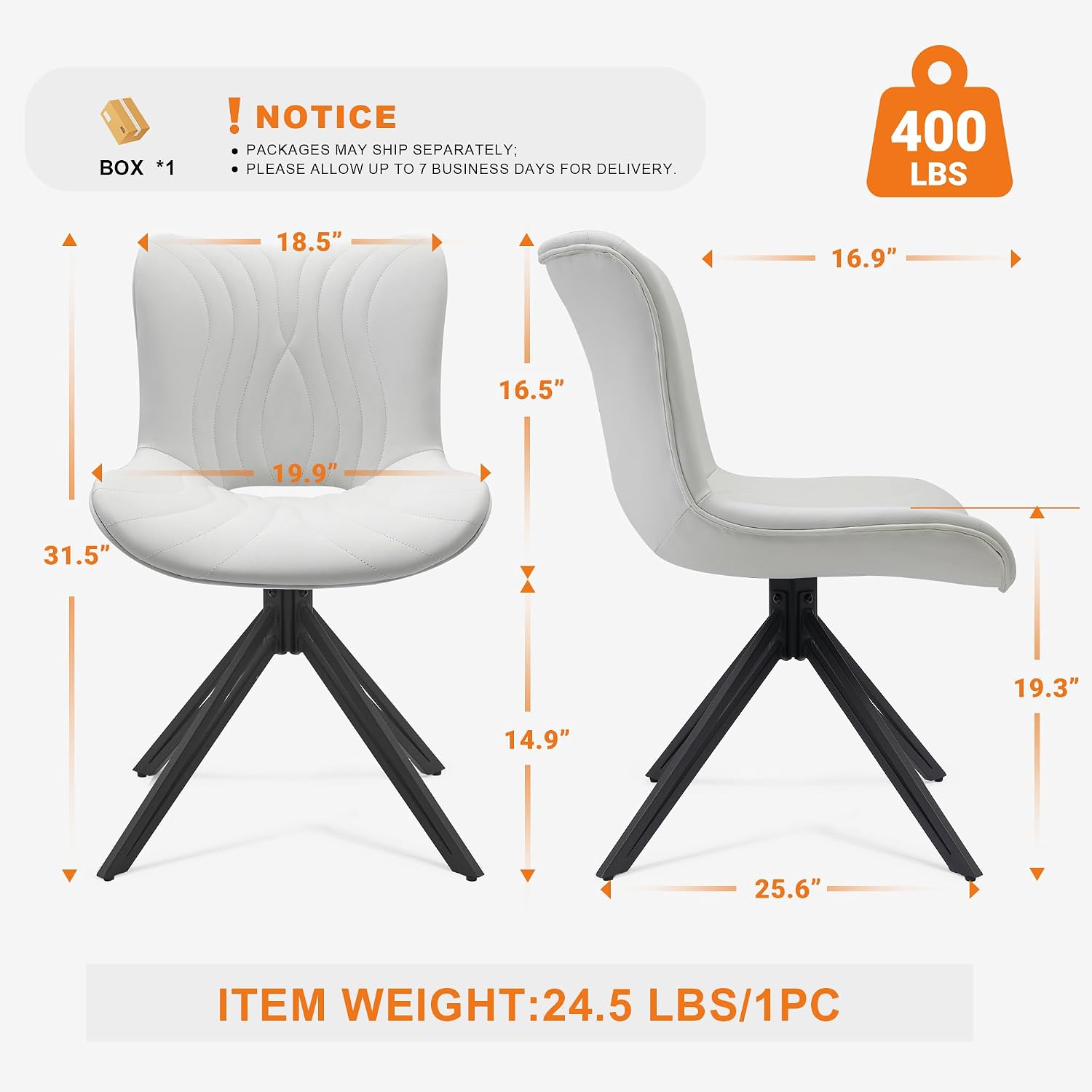 Dining Chairs Set of 2, 360° Swivel Armless Faux Leather Accent Chairs with Padded Back and Metal Legs, Mid-Century Modern Kitchen, Dining Room, Living Room, Bedroom White