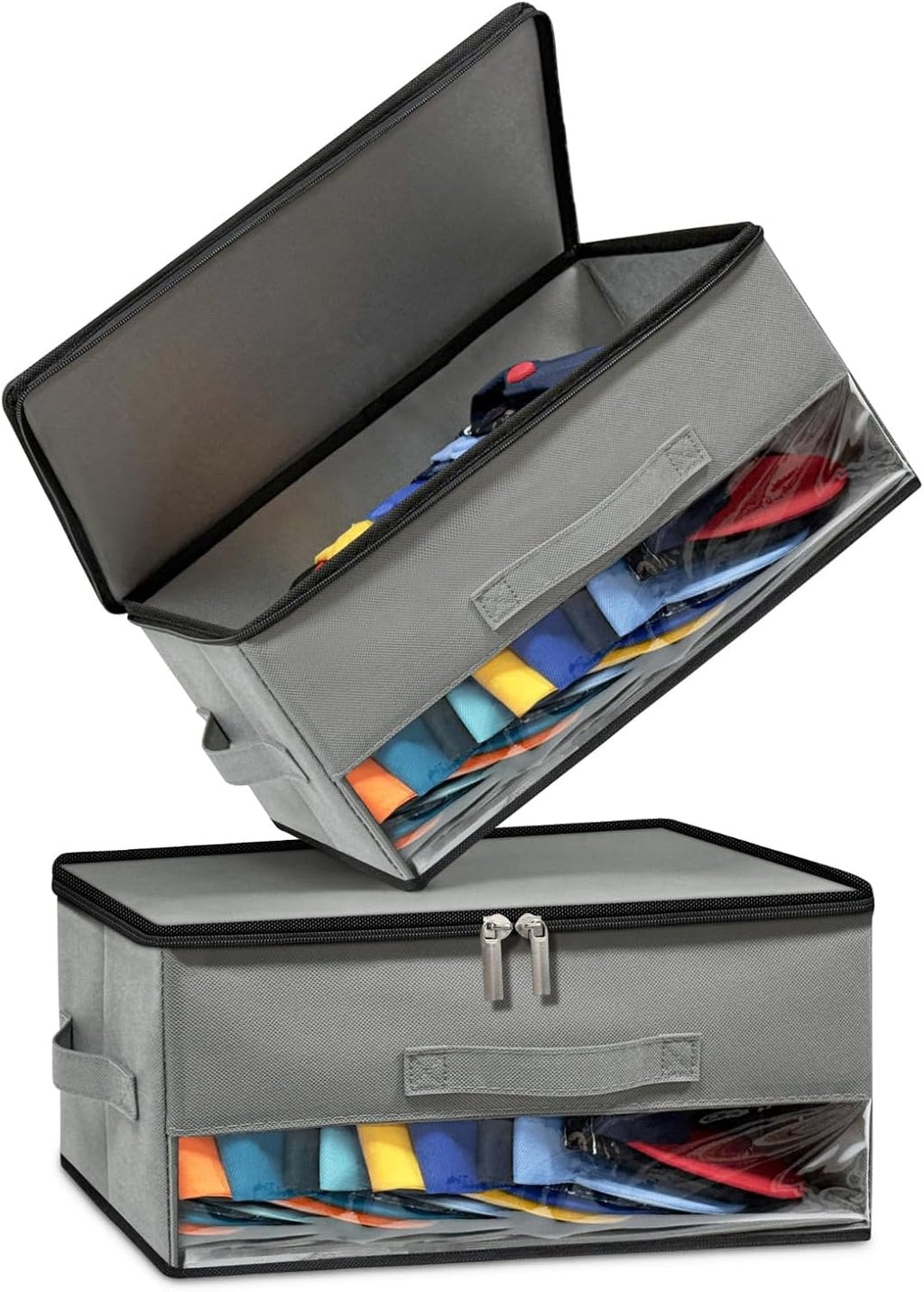 2 PCS Stackable Hat Storage for Baseball Caps, Space Saving Hat Organizer Box for Closet, with All Around Cardboard Support, Zipper Lid, Clear Window and 3 Handle, Each Holds 12 Hats, Grey