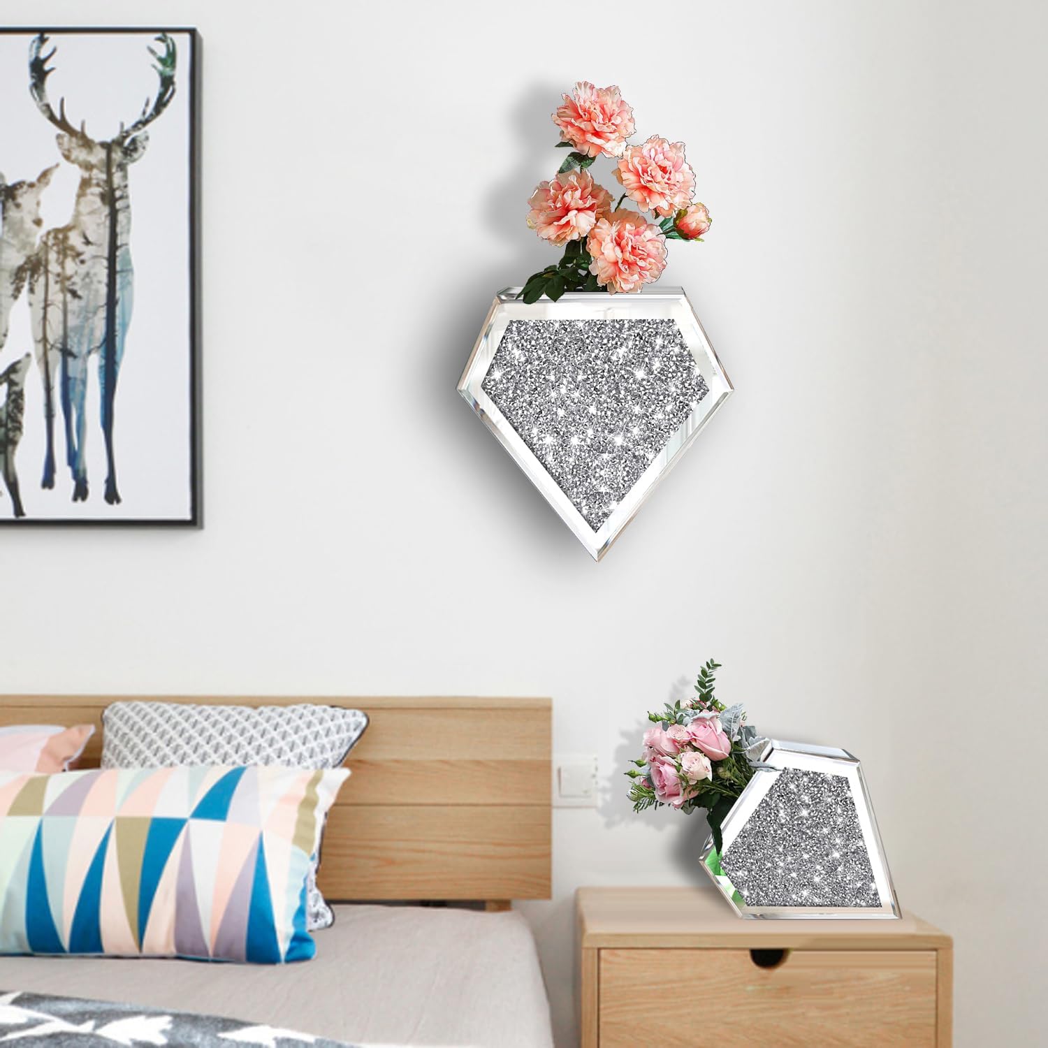 Flower Vase Crushed Diamond Hanging Planter& Geometric Decor Mirrored Container,Set of 2 Diamond Shape Decorative Vases Luxury for Home Decor. Befit for Artificial Flowers, Can't Hold Water.