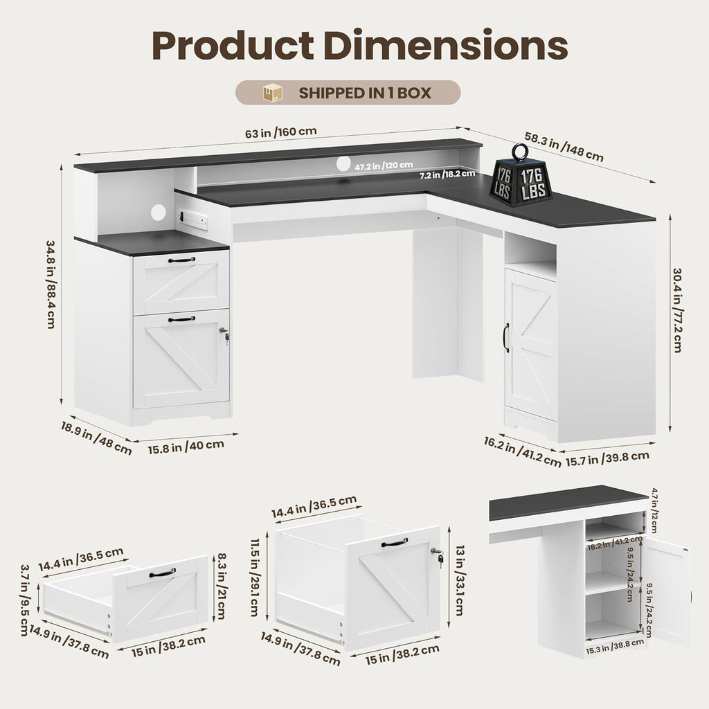MALOL 63" Farmhouse L Shaped Executive Desk, Corner Computer Desk with Drawers & Storage Shelf, Home Office Desk with Power Outlet, Monitor Stand, Wood Grain Desktop, White & Black