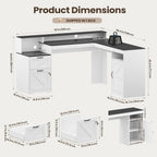 MALOL 63" Farmhouse L Shaped Executive Desk, Corner Computer Desk with Drawers & Storage Shelf, Home Office Desk with Power Outlet, Monitor Stand, Wood Grain Desktop, White & Black