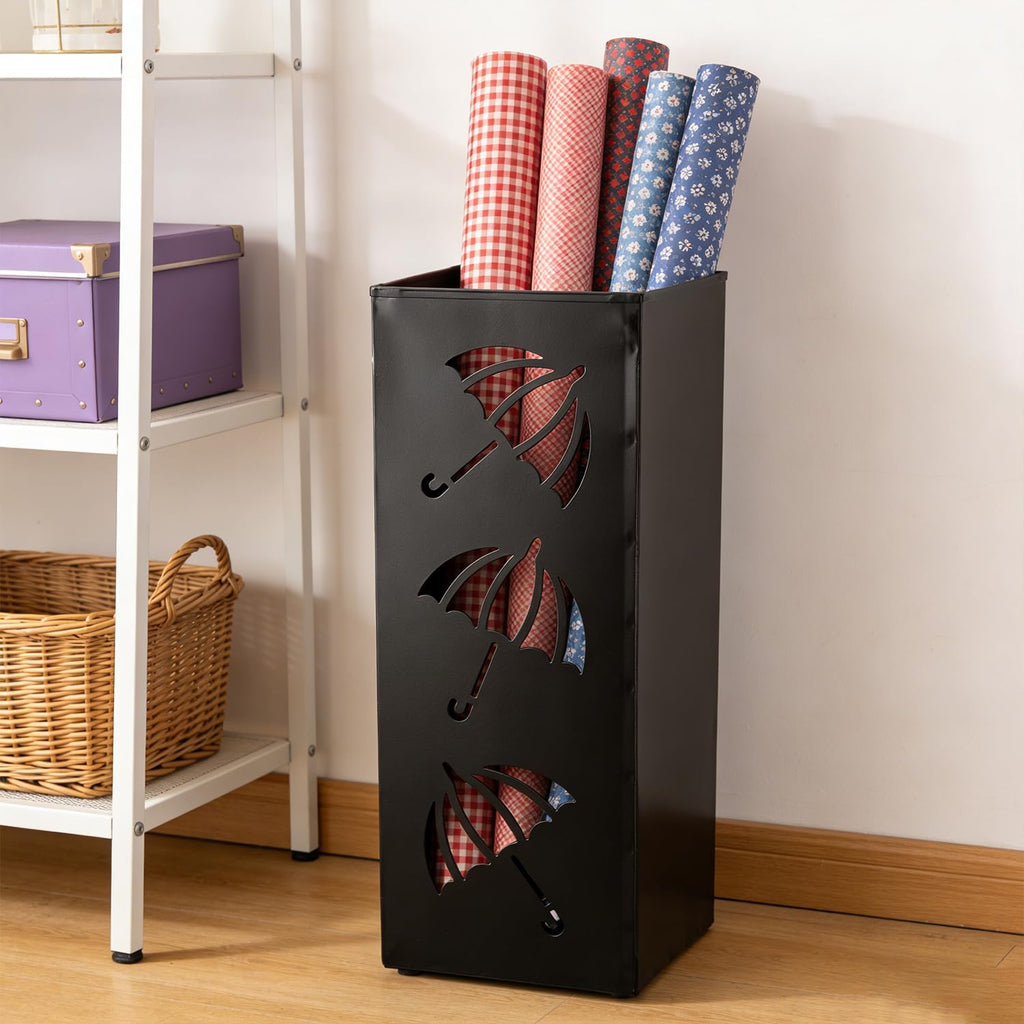 Metal Umbrella Holder, Square Stand for Entryway and Home Decor, 6.3" x 6.3" x 16.5" in Black, Sturdy Rack for Walking Canes and Umbrellas