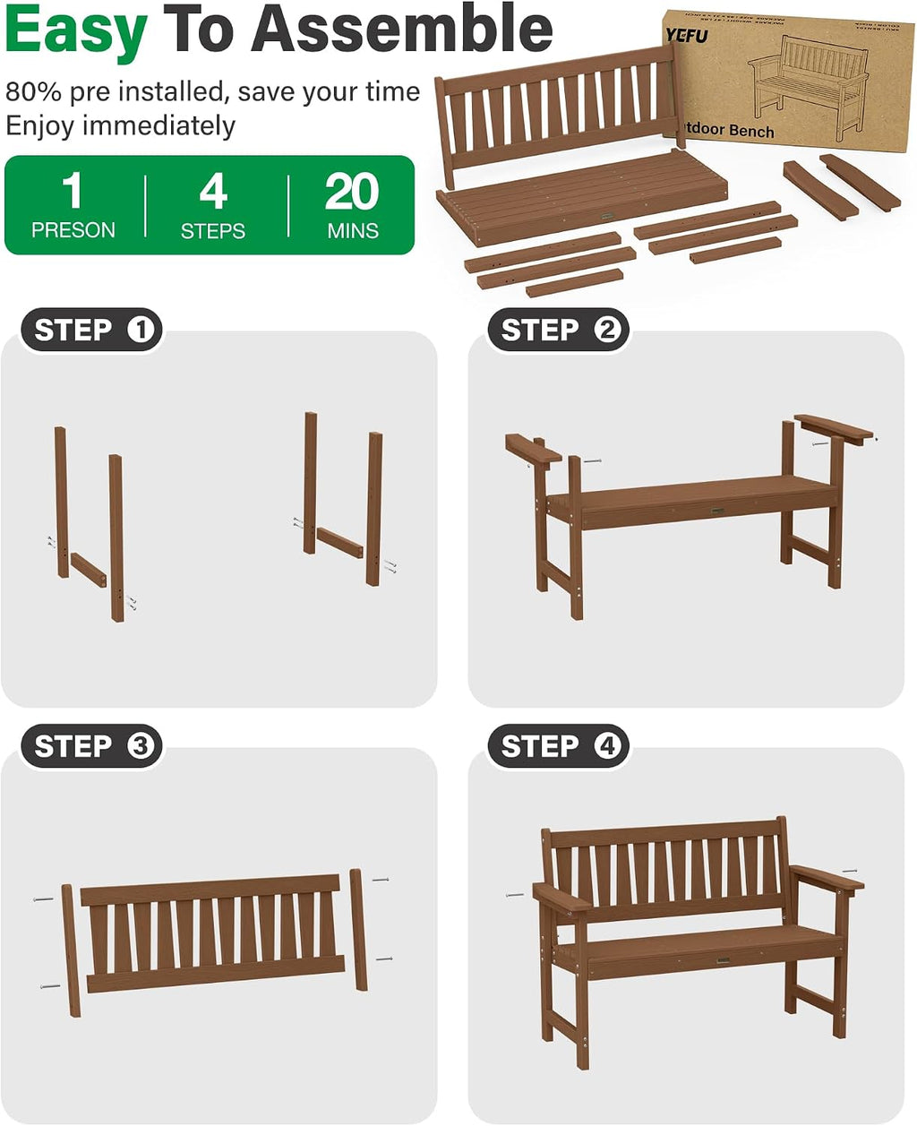 YEFU Outdoor Bench for Patio Waterproof: Heavy Duty 2-Person Garden Bench Set of 2 with Comfortable Seating - HIPS Weatherproof Patio Benches for Indoor Outside Front Porch Backyard Park, Teak