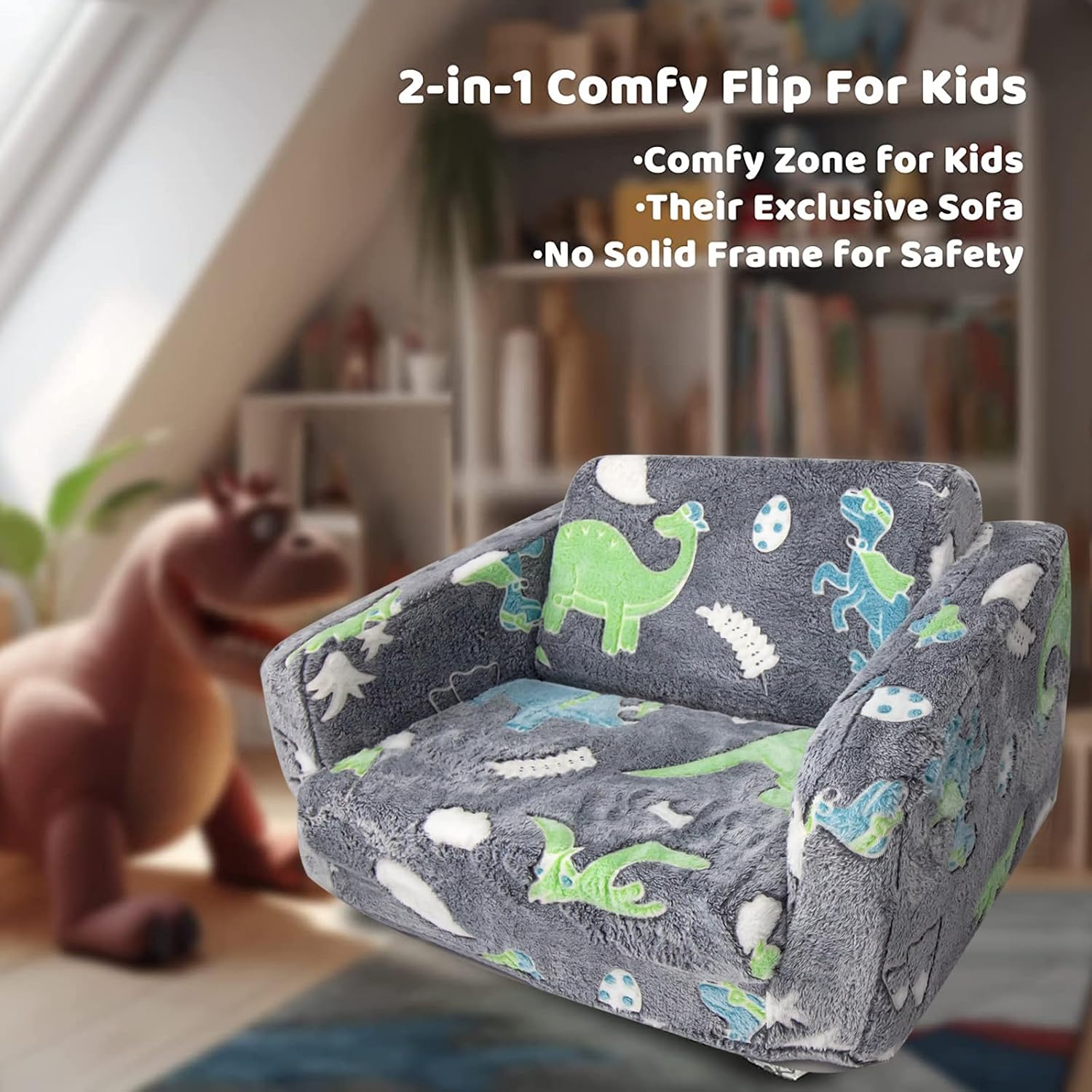 Asou Kids Sofa Toddlers Sofa Glow in The Dark Kids Fold Out Play Couch Mini Dinosaur Couch for Kids Toddlers