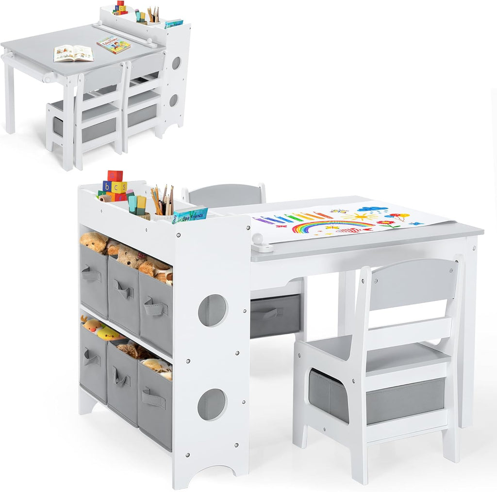 Kinder King Kids Art Table & Chair Set, Wood Toddler Activity Table for Kids Drawing, Reading, Studying, Crafting, Playing, 8 Removable Bins, Paper Roll for Playroom, Nursery, Grey