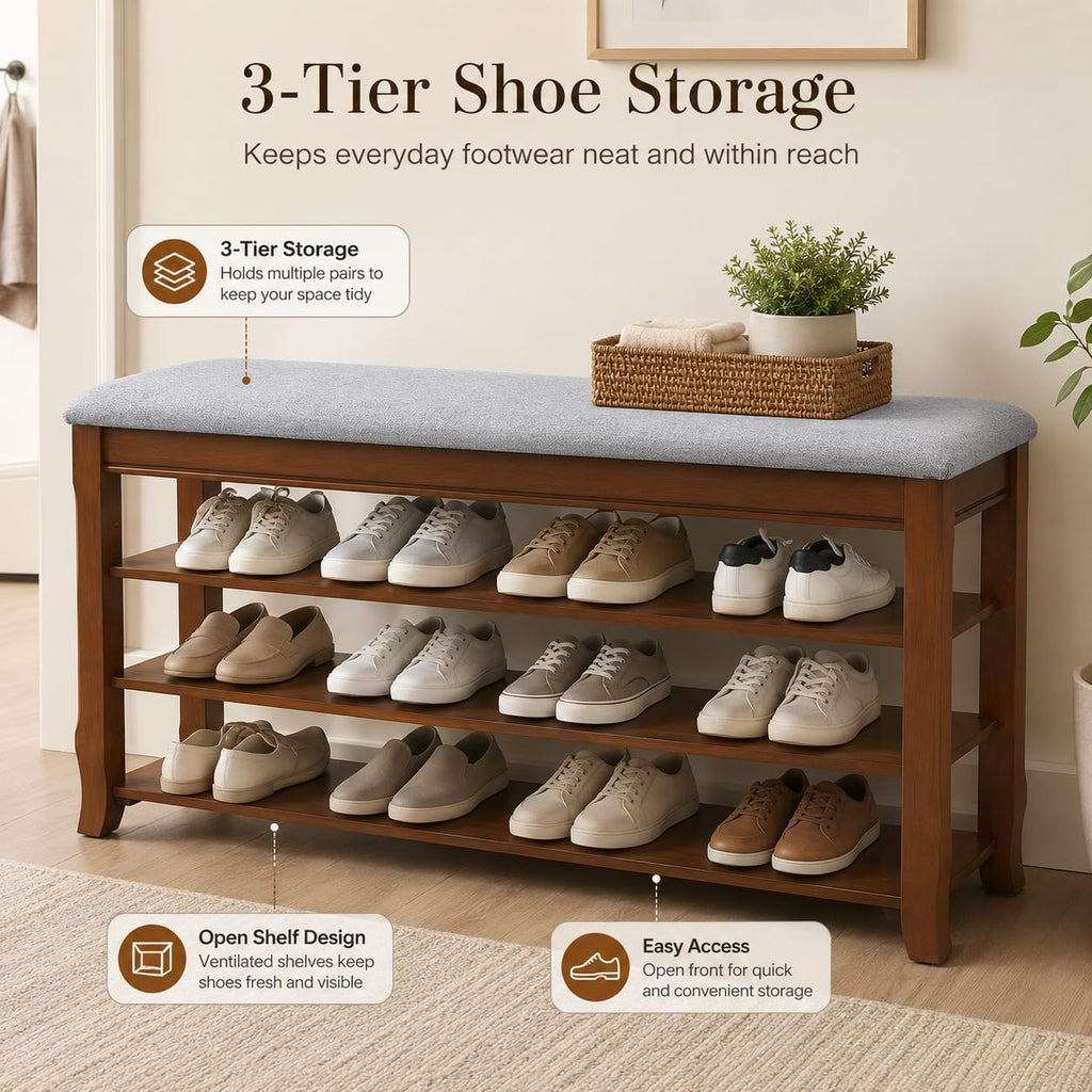 SolidWood Entryway Shoe Storage Bench, Flip-Top Soft-Close Lid, Adjustable Shelves, Cushioned Entryway Shoe Rack Organizer,Hallway, Closet, Foyer 39.4''