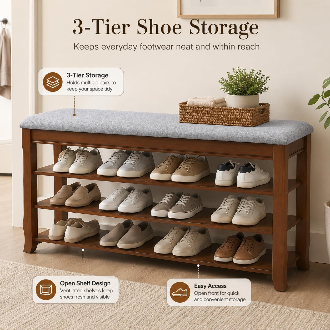 SolidWood Entryway Shoe Storage Bench, Flip-Top Soft-Close Lid, Adjustable Shelves, Cushioned Entryway Shoe Rack Organizer,Hallway, Closet, Foyer 39.4''
