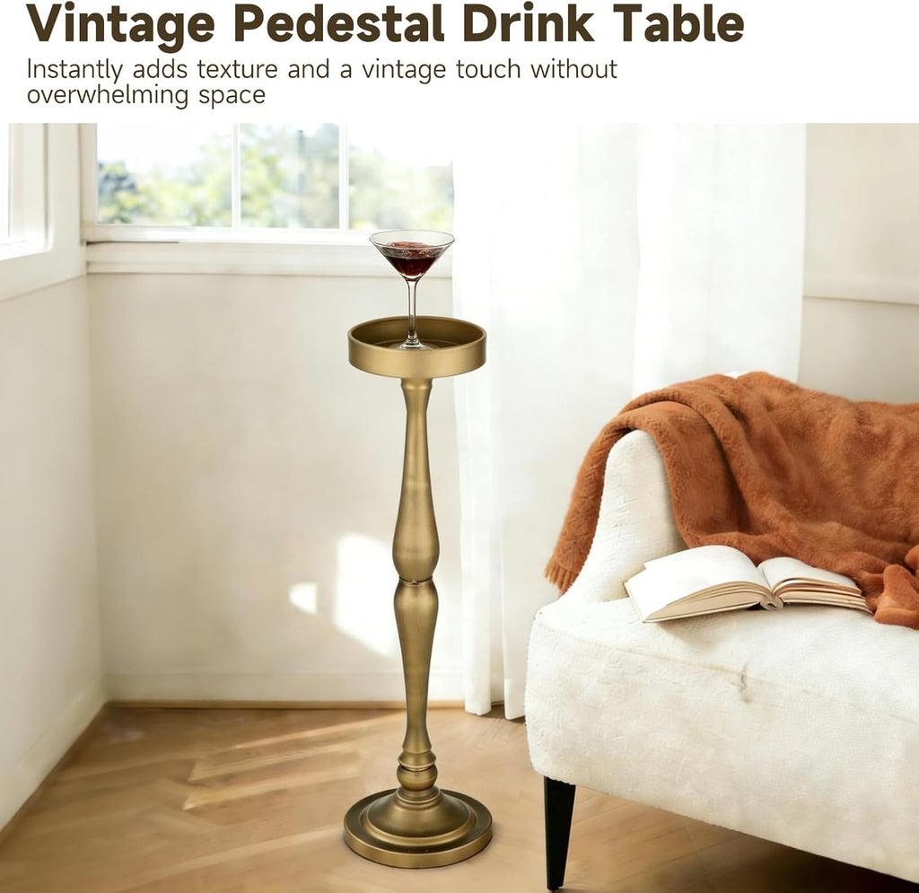 Small Drink Table, Drink Tables for Small Spaces Nightstand Bedroom Couch Chair Vintage Metal Decor, Drink Table Pedestal, Antique Tall Narrow Drink Stand (Classic)