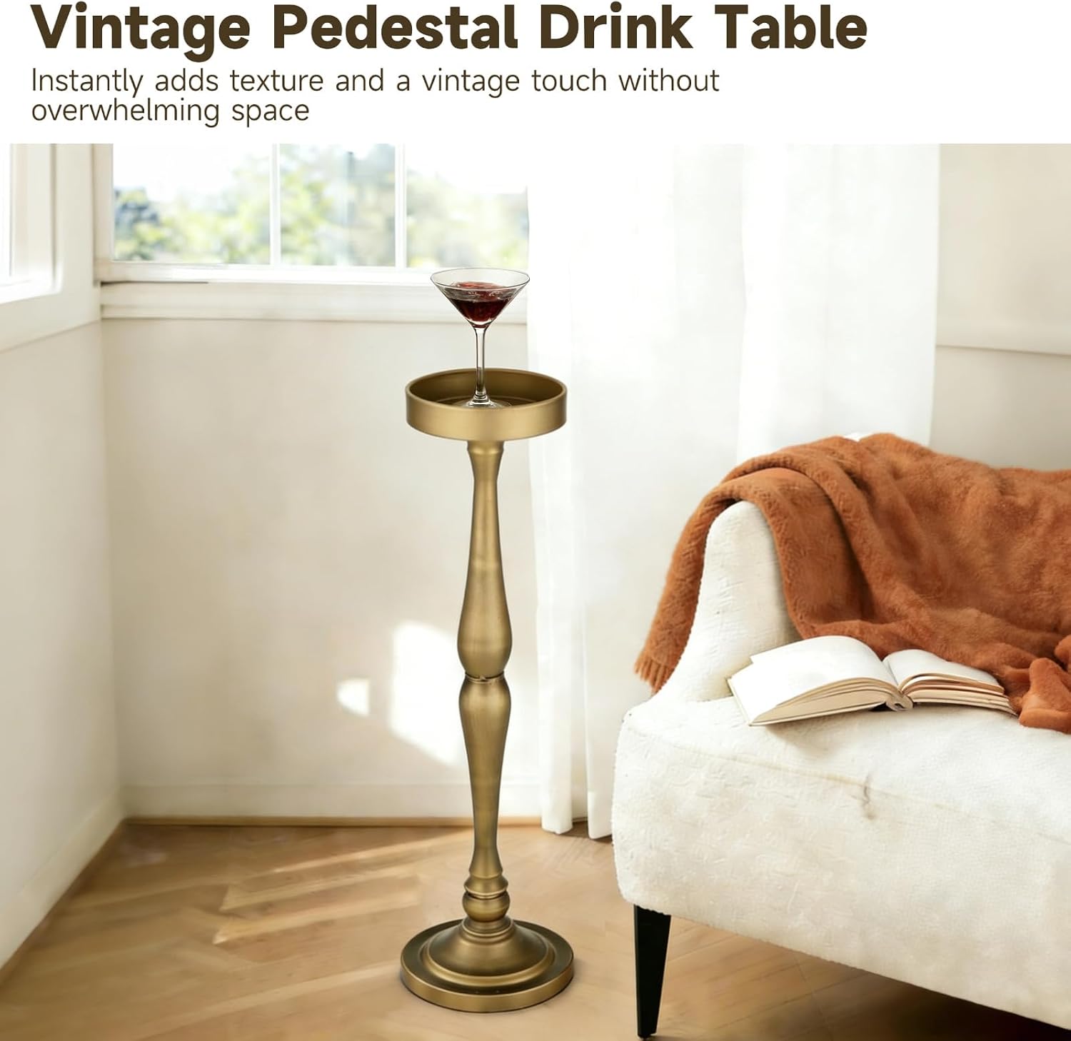 Small Drink Table, Drink Tables for Small Spaces Nightstand Bedroom Couch Chair Vintage Metal Decor, Drink Table Pedestal, Antique Tall Narrow Drink Stand (Classic)