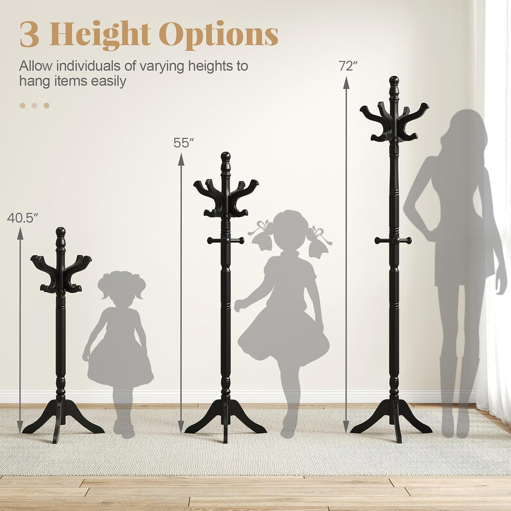 Tangkula Coat Rack Freestanding, Solid Rubber Wood Coat Tree with 11 Hooks and 3 Height Options for Coats, Hats, Bags, Purses, Clothes, Hanger Stand for Entryway Hallway Bedroom Office (Black)