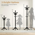 Tangkula Coat Rack Freestanding, Solid Rubber Wood Coat Tree with 11 Hooks and 3 Height Options for Coats, Hats, Bags, Purses, Clothes, Hanger Stand for Entryway Hallway Bedroom Office (Black)