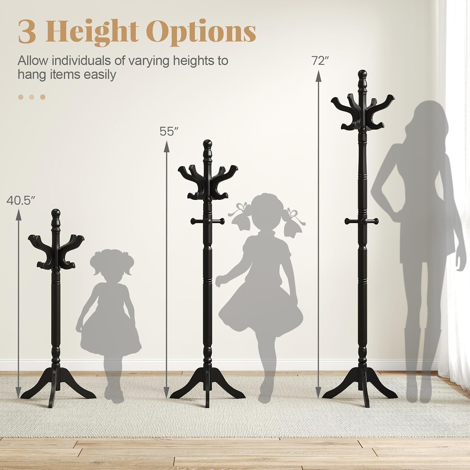 Tangkula Coat Rack Freestanding, Solid Rubber Wood Coat Tree with 11 Hooks and 3 Height Options for Coats, Hats, Bags, Purses, Clothes, Hanger Stand for Entryway Hallway Bedroom Office (Black)