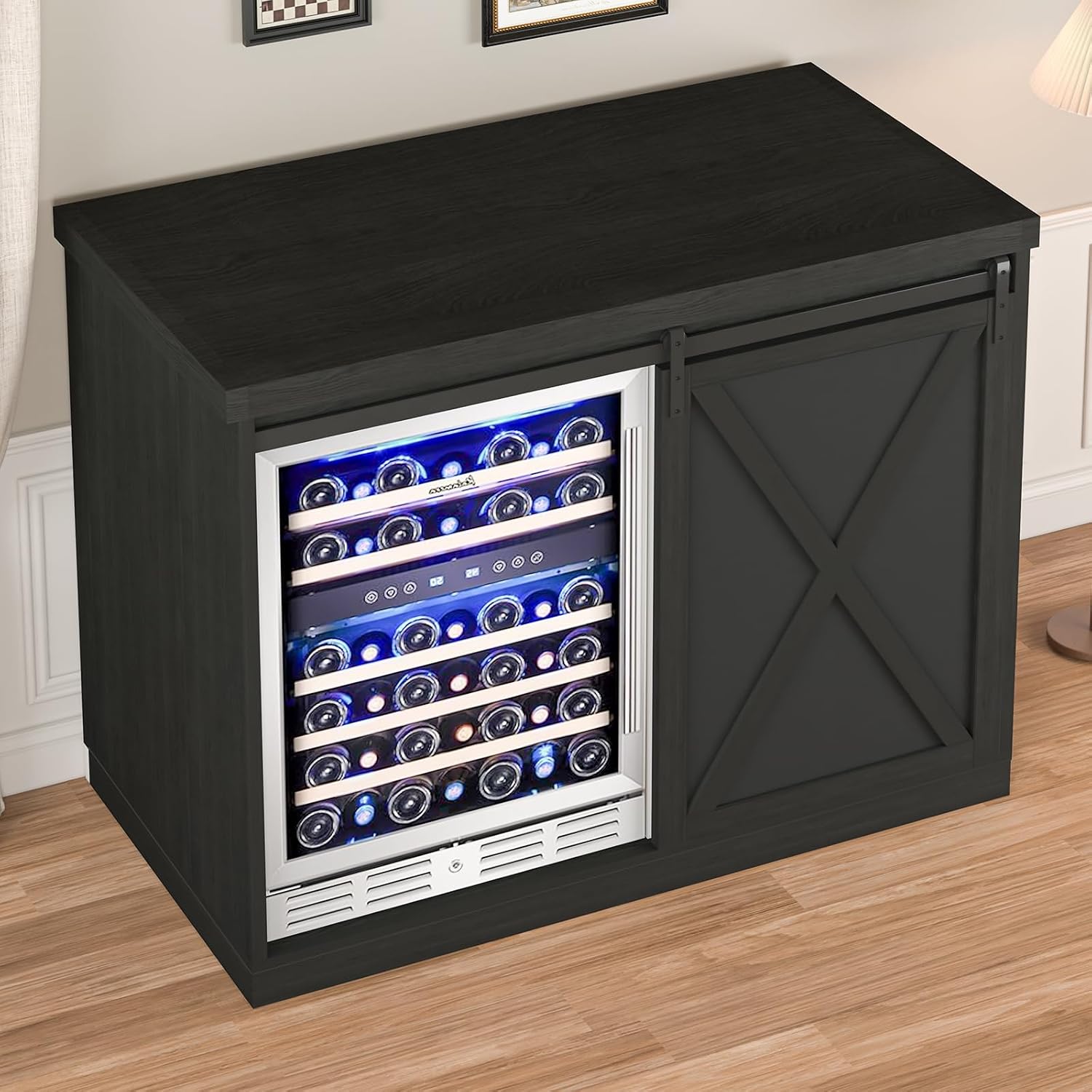 Coffee Bar Cabinet with Mini Fridge Space, 49.2'' Farmhouse Kitchen Buffet Hutch with Power Outlet, Fridge Cabinet with Sliding Barn Door, Wine Rack, Glass Holder for Kitchen Dining Room (Black)
