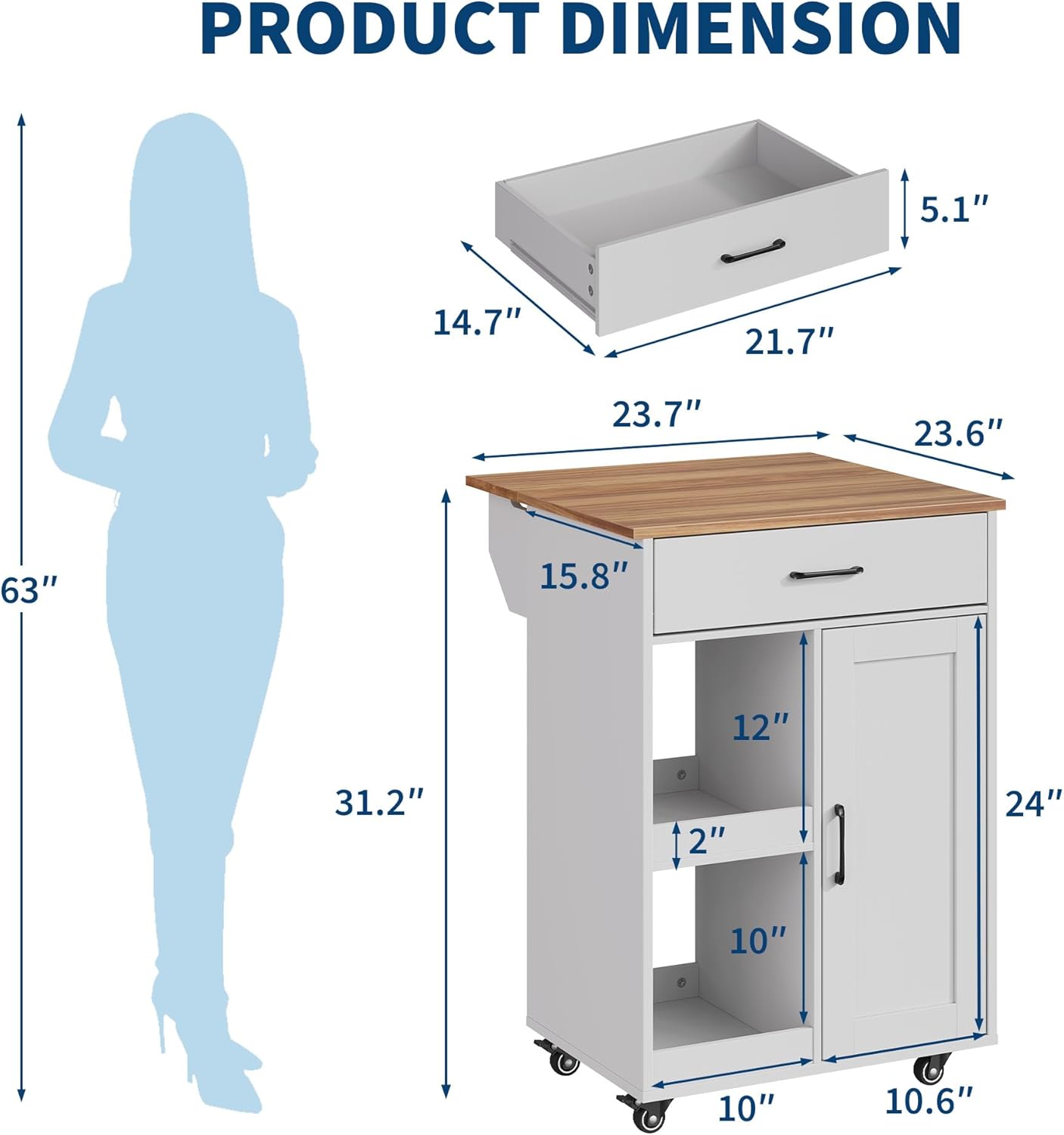 Garvee Kitchen Island with Drop Leaf, Rolling Kitchen Island on Wheels with Storage, Island Cart with 2 Open Shelves,1 Drawer for Kitchen, Dining Room