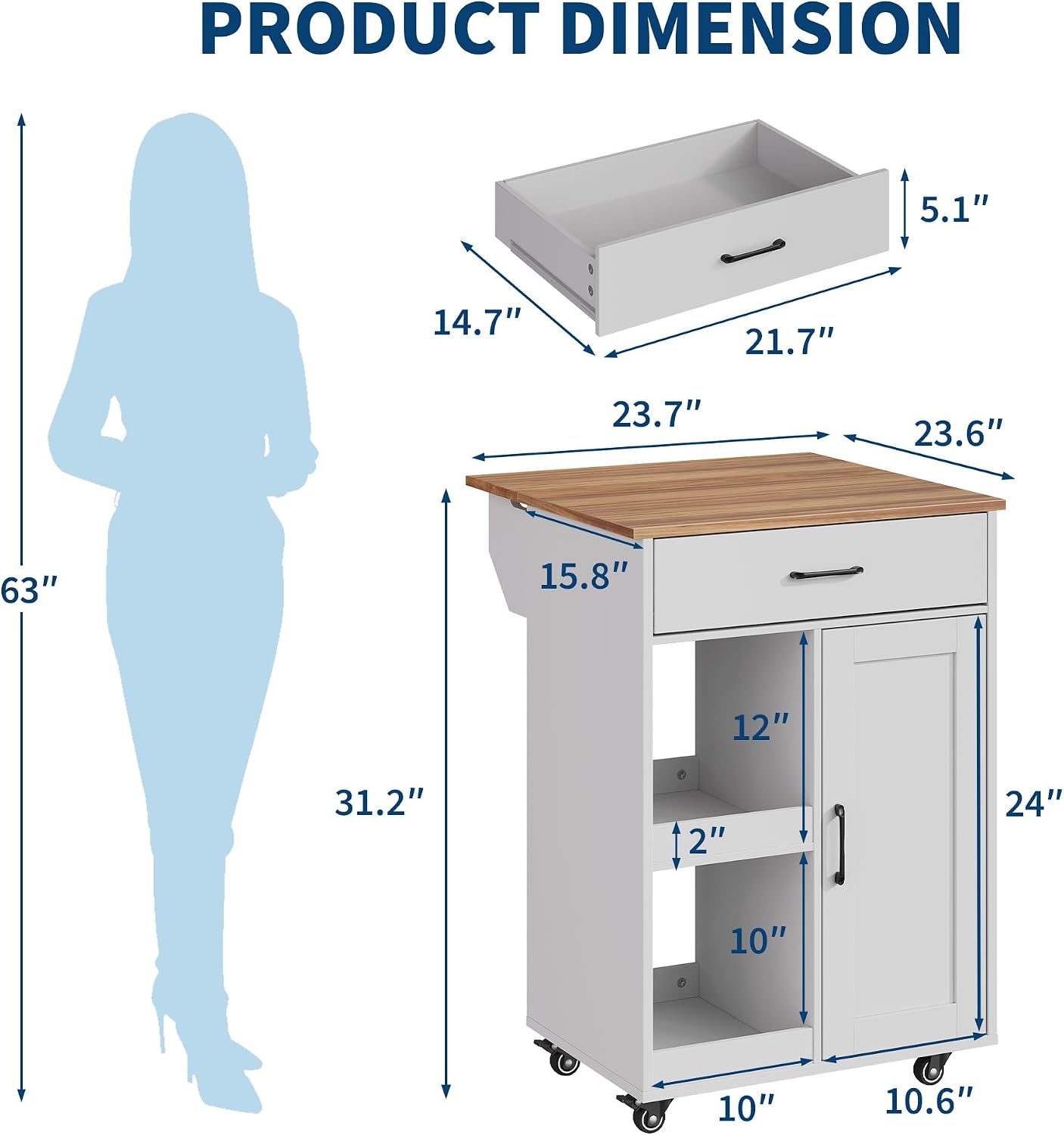 GarveeHome Kitchen Island on Wheels with Storage-Multifunctional Kitchen Island Cart with Drop Leaf, Rolling Island with Spice/Towel Rack,Expandable Island Table Kitchen,23.7" Width