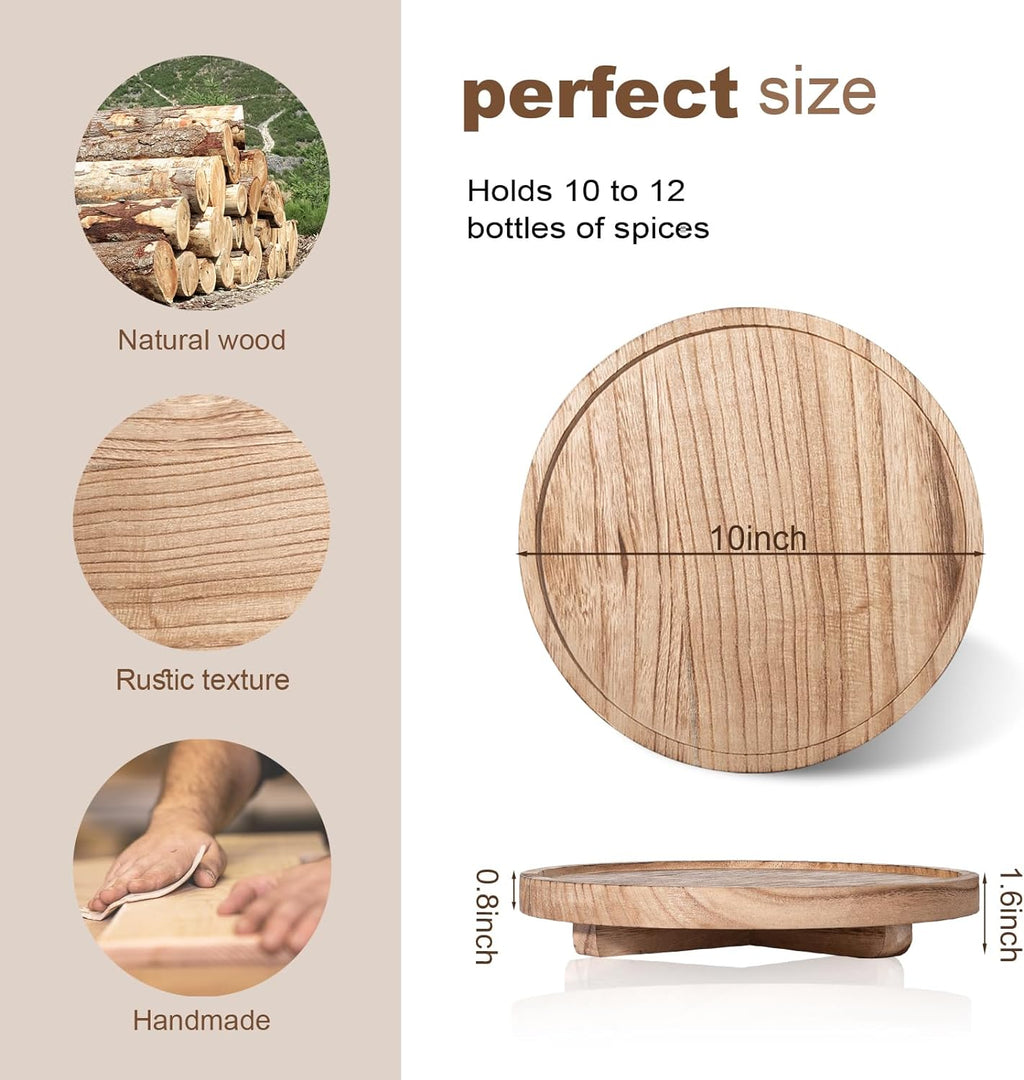 Round Decorative Tray Wood Bathroom Counter Organizer Farmhouse Kitchen Decor Wooden Riser for Soap Dish, Perfume, Candle, Sponge, 10" - Brown