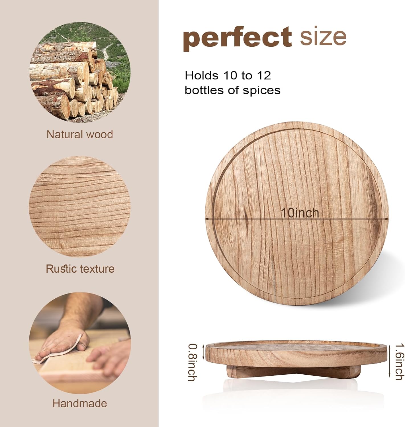 Round Decorative Tray Wood Bathroom Counter Organizer Farmhouse Kitchen Decor Wooden Riser for Soap Dish, Perfume, Candle, Sponge, 10" - Brown