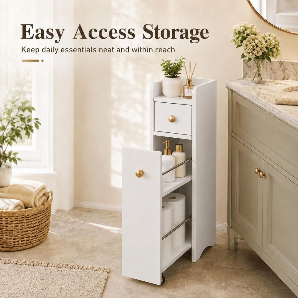 VINGLI Slim Bathroom Storage Cabinet, Narrow Storage Organizer with Slide Out Drawers, Freestanding Toilet Paper Holder, Small Space Skinny Cabinet for Bathroom Kitchen Corner, White