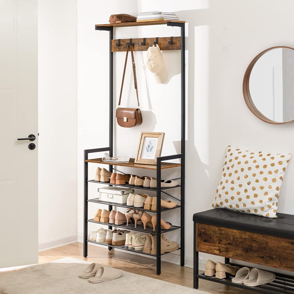 HOOBRO Hall Tree with Bench, Coat Rack with Shoe Storage, Shoe and Coat Rack, 5-Tier Entryway Shoe Storage, 5 Hooks, for 12-16 Pairs, Industrial, Hallway, Foyer, Mudroom, Rustic Brown BF74MT01
