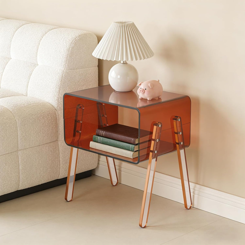 TFCFL Acrylic Side Table, Clear Record Player Table, 2-Tier End Table with Open Storage for Small Spaces, Nightstand Bedside Table for Bedroom, Living Room, 15.75" W X 11.81" D X 17.01" H (Brown)
