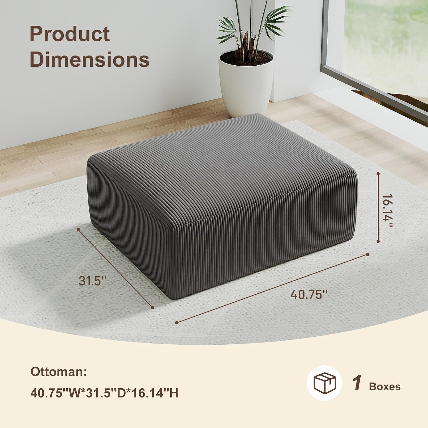 2 Square Cloud Footstool for Living Room, No Assembly Modular Corduroy Convertible Seat, Modern Boneless Style Sofa Accessory for Lounge or Bedroom