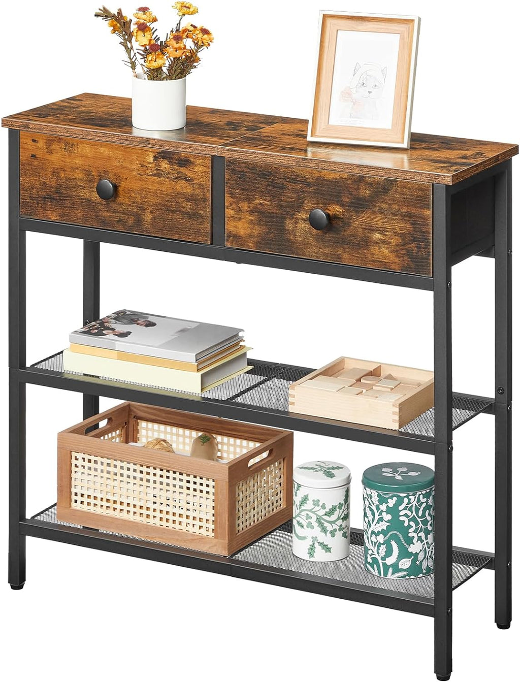 HOOBRO 29.5" Narrow Console Table with 2 Fabric Drawers, Sofa Table, Small Entryway Table with 3-Tier Storage Shelves, Behind Couch Table, for Living Room, Hallway, Rustic Brown and Black BF72XG01