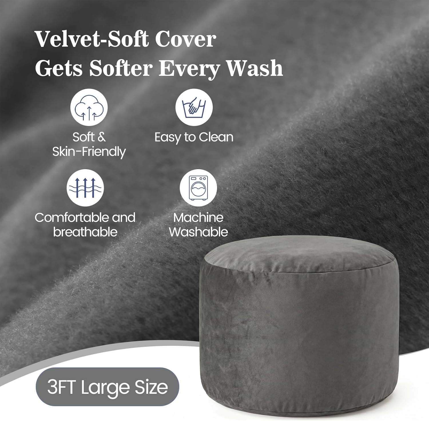 ACH Bean Bag Chair for Adults and Teens - 3ft Memory Foam Floor Chair, Perfect for Dorms, Gaming & Relaxing, Machine Washable Velvet Cover (Grey-Medium)