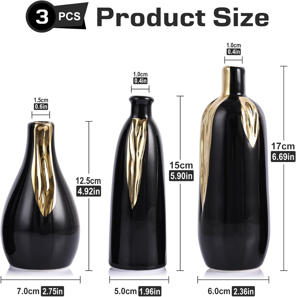LCCCK Black and Gold Mini Ceramic Vase Set of 3, Small Ceramic Vase Set for Decorative, Bud Vases for Centerpieces Nightstand Kitchen, Boho Farmhouse Home Coffee Table Tray Decor