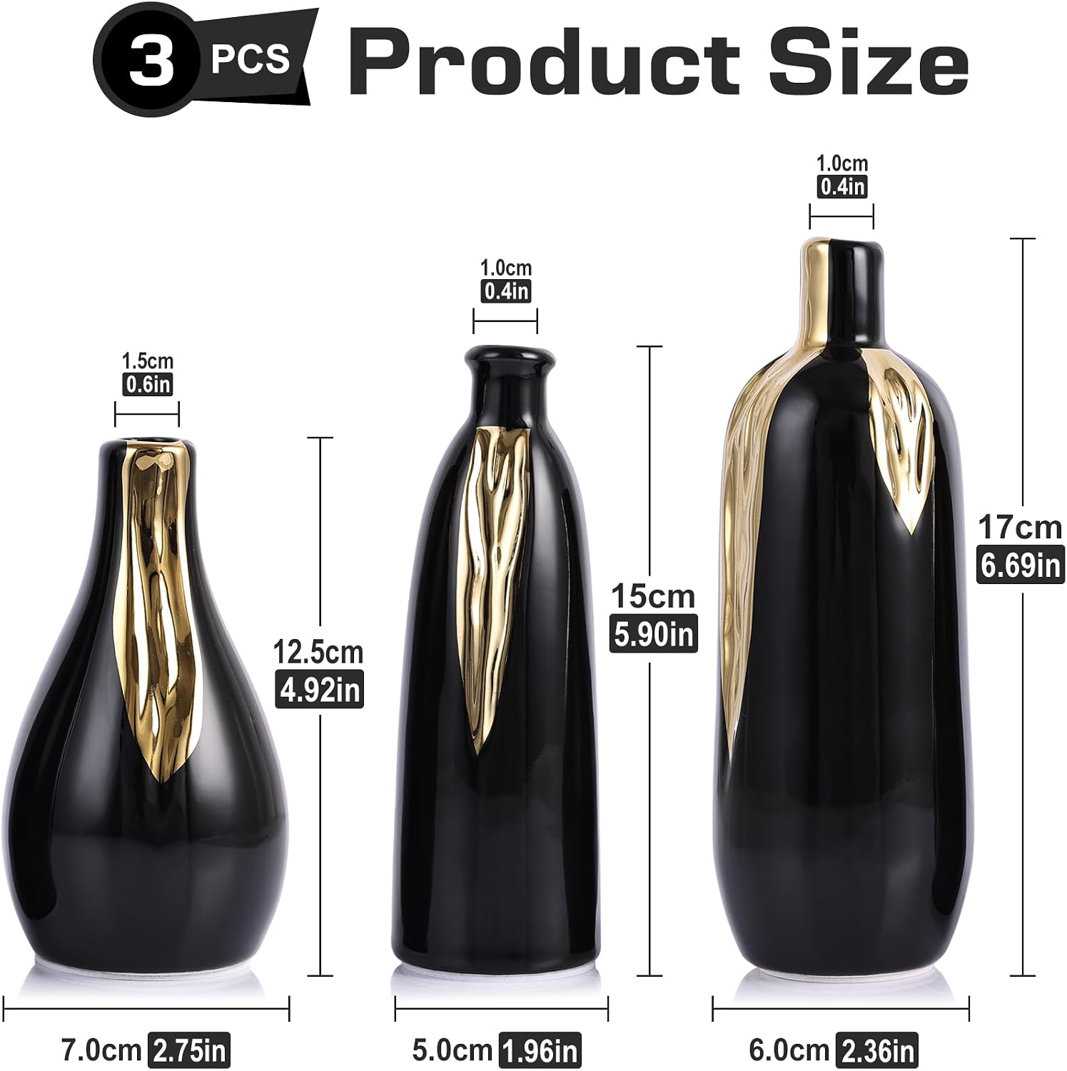 LCCCK Black and Gold Mini Ceramic Vase Set of 3, Small Ceramic Vase Set for Decorative, Bud Vases for Centerpieces Nightstand Kitchen, Boho Farmhouse Home Coffee Table Tray Decor