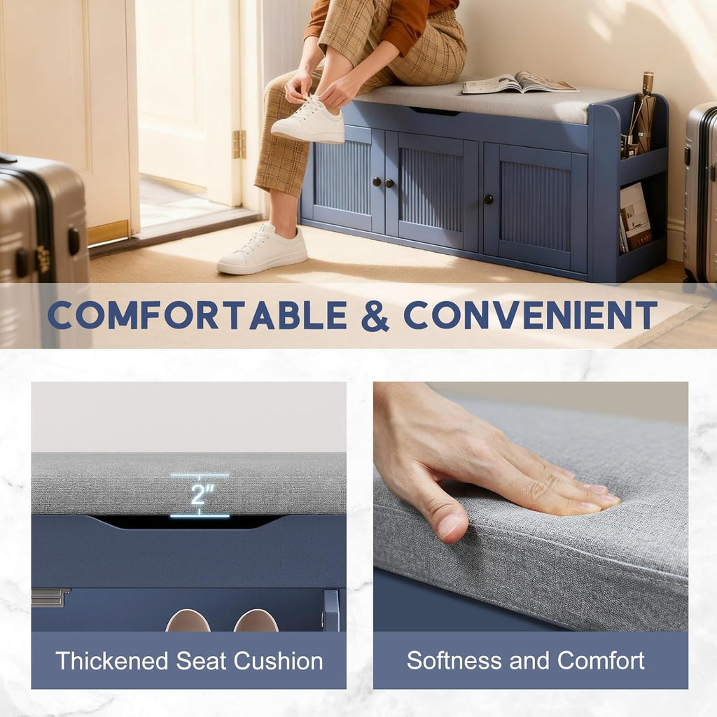 42.6" Entryway Shoe Storage Bench with Padded Seat, 3 Doors and Side Shelves, Lift Top Storage Bench for Shoes, Hallway, Bedroom, Living Room, Navy Blue