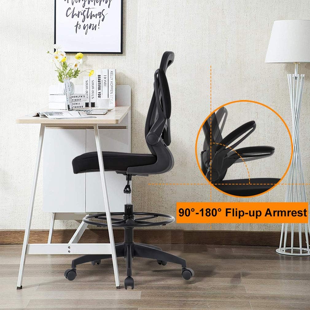 BestOffice Drafting Chair Tall Office Chair Adjustable Height with Lumbar Support Flip Up Arms Footrest Mid Back Task Mesh Desk Chair Computer Chair Drafting Stool for Standing Desk, Black