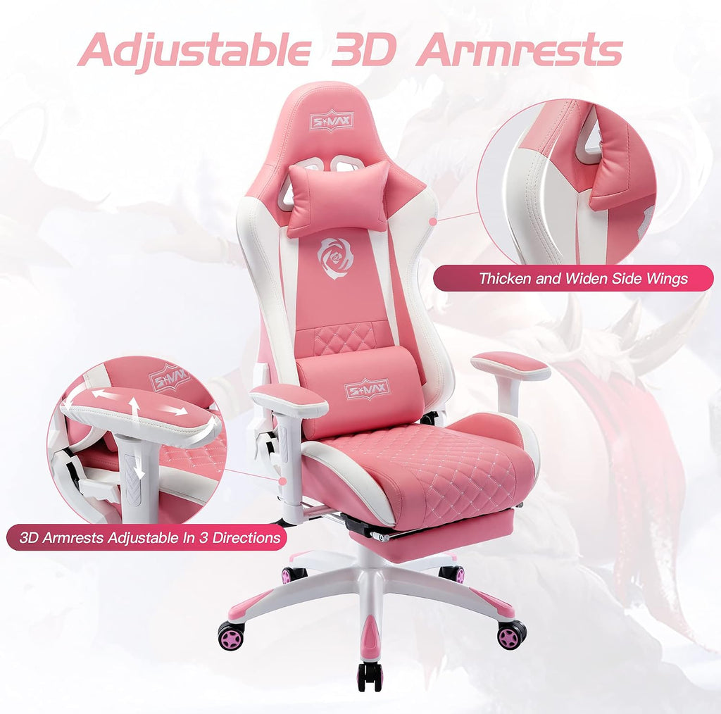 S*MAX Gaming Chair with Footrest Thicken Seat Ergonomic Gaming Chair with 3D Armrest PU Leather Gamer Chairs for Adults Headrest Lumbar Support Gaming Chairs for Adults Pink Large