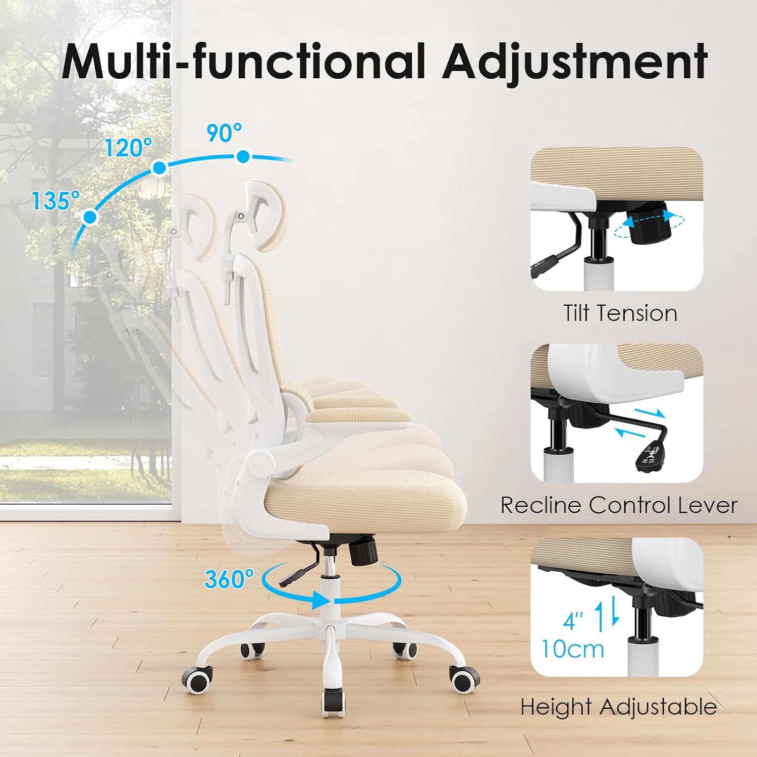 Ergonomic Office Chair with Lumbar Support and Headrest, High Back Mesh Desk Chair with Flip-Up Armrests, 350lbs Capacity Swivel Computer Chair for Home Office, Bedroom (Khaki + White)