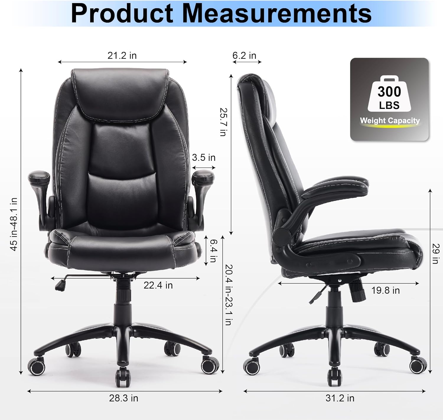 MALOL 300LBS PU Leather High-Back Executive Office Chairs, Heavy Duty Home Ergonomic Computer Chair Flip-Up Armrests & Reclining Backrest, Black
