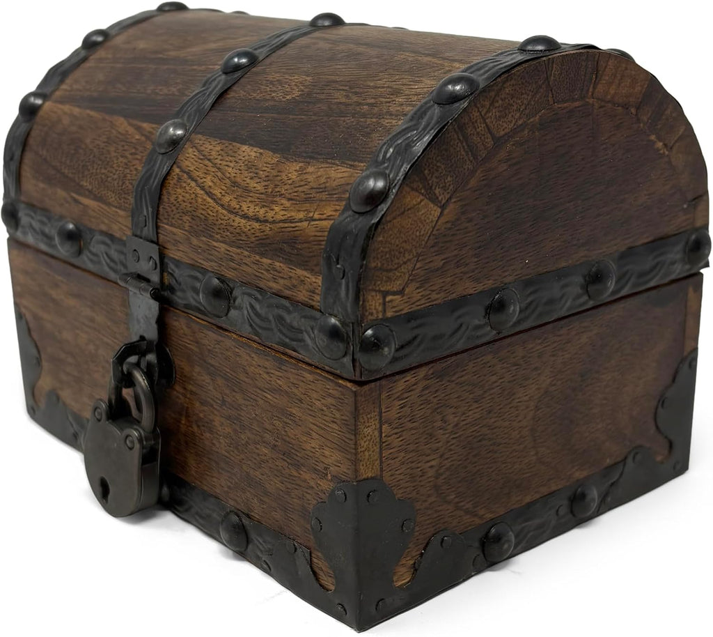 Nautical Cove Wood Treasure Chest with Decorative Rivets and Reinforcing Iron Strips with Lock and Skeleton Keys (Dark Antique, X-Small 5.5x4x4) – Wooden Keepsake Box, Pirate Decor, Storage Chest