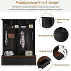 Merax Wood Hall Tree with 6 Hooks & Entryway Bench, Farmhouse Mudroom Versatile Coat Racks with 2 Large Drawers, Entrance Organizer for Hallway, Black