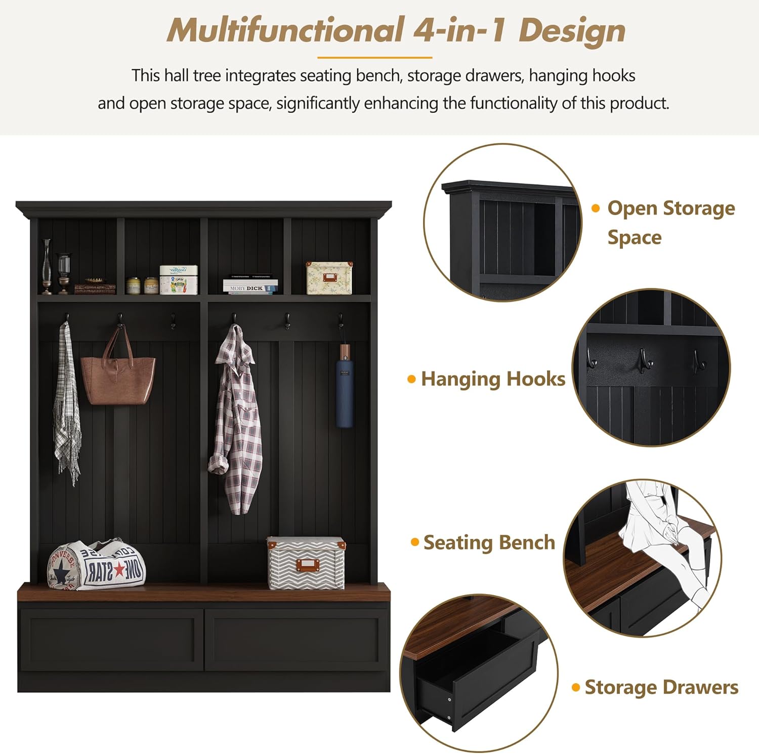 Merax Wood Hall Tree with 6 Hooks & Entryway Bench, Farmhouse Mudroom Versatile Coat Racks with 2 Large Drawers, Entrance Organizer for Hallway, Black