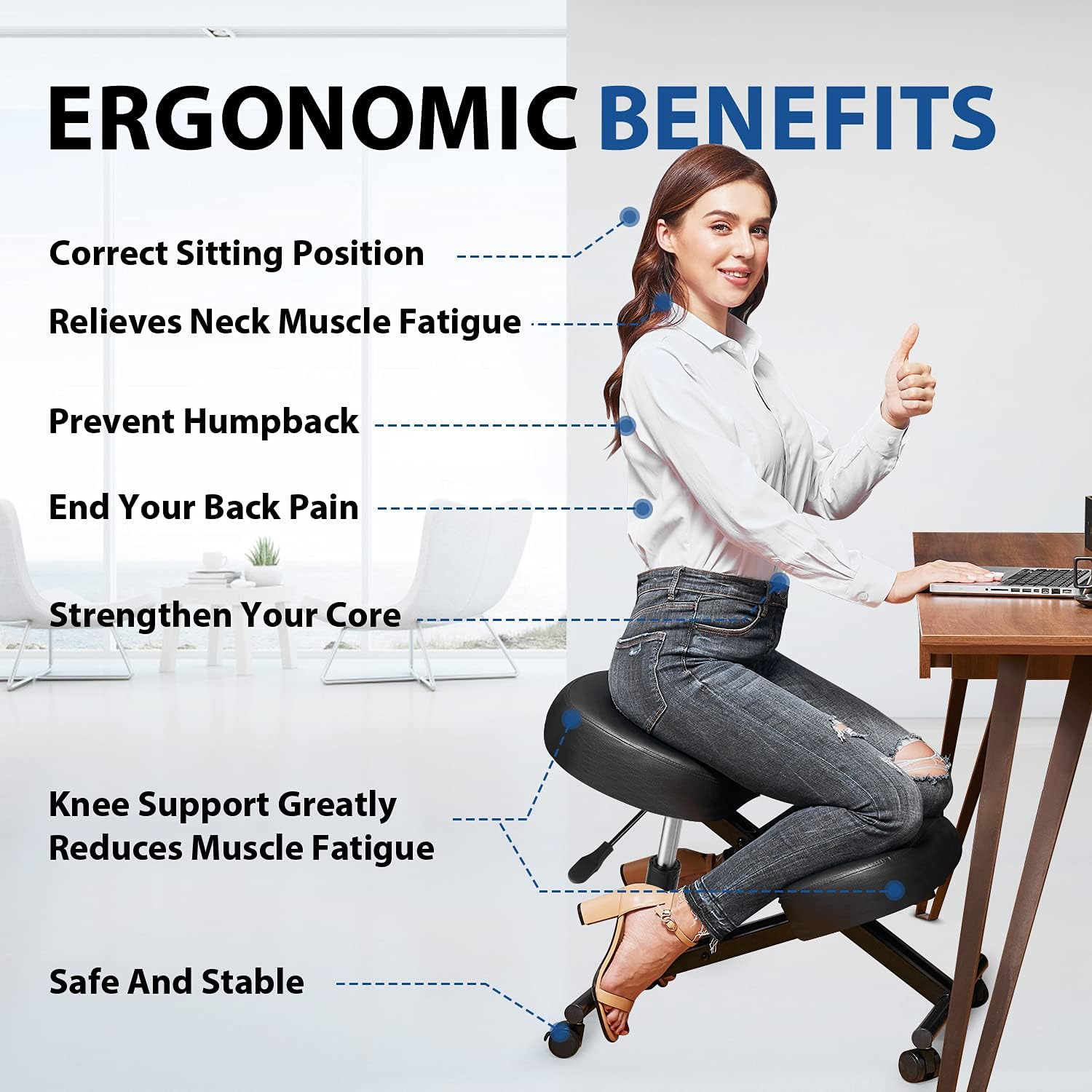Himimi Kneeling Chair Ergonomic for Office, Height Adjustable Stool with Thick Foam Cushions for Home and Office - Improve Posture to Relieve Neck & Back Pain, New Upgraded Pneumatic Pump