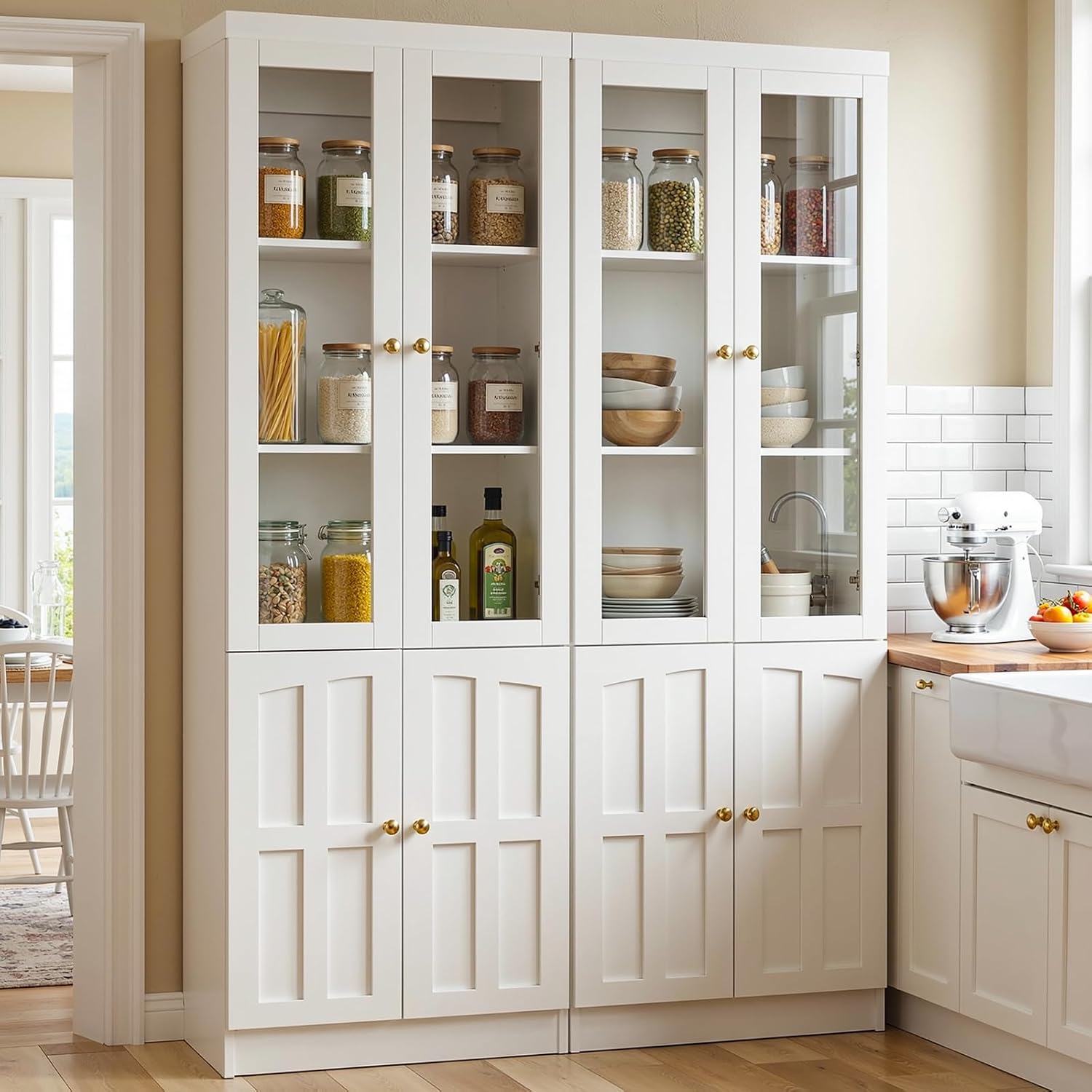 Cyclysio 80" Kitchen Pantry Cabinet with Glass Doors and Adjustable Shelves, Kitchen Cabinet with Thickened Top Panel, Tall Cabinet for Livingroom, Pantry, Bathroom, White, Set of 2