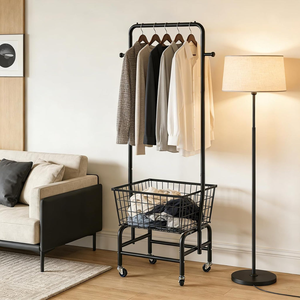 Rolling Laundry Cart with Hanging Rack Metal Laundry Basket with Wheels Laundry Hamper with Storage Basket and Shelf for Laundry Room Organization Black